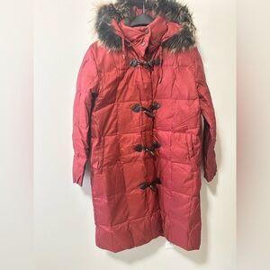 Women's Red Hooded Coat with Faux Fur Trim